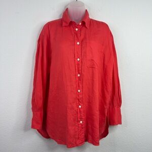 Banana Republic Shirt Womens M Red Orange Linen Long Sleeve Minimalist Office‎